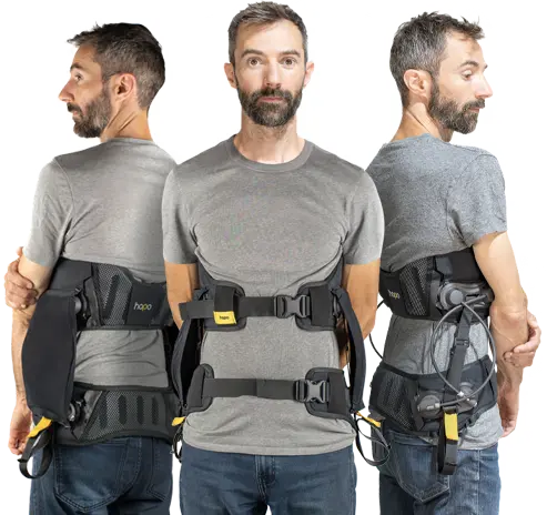 Man in profile and facing with the exoskeleton